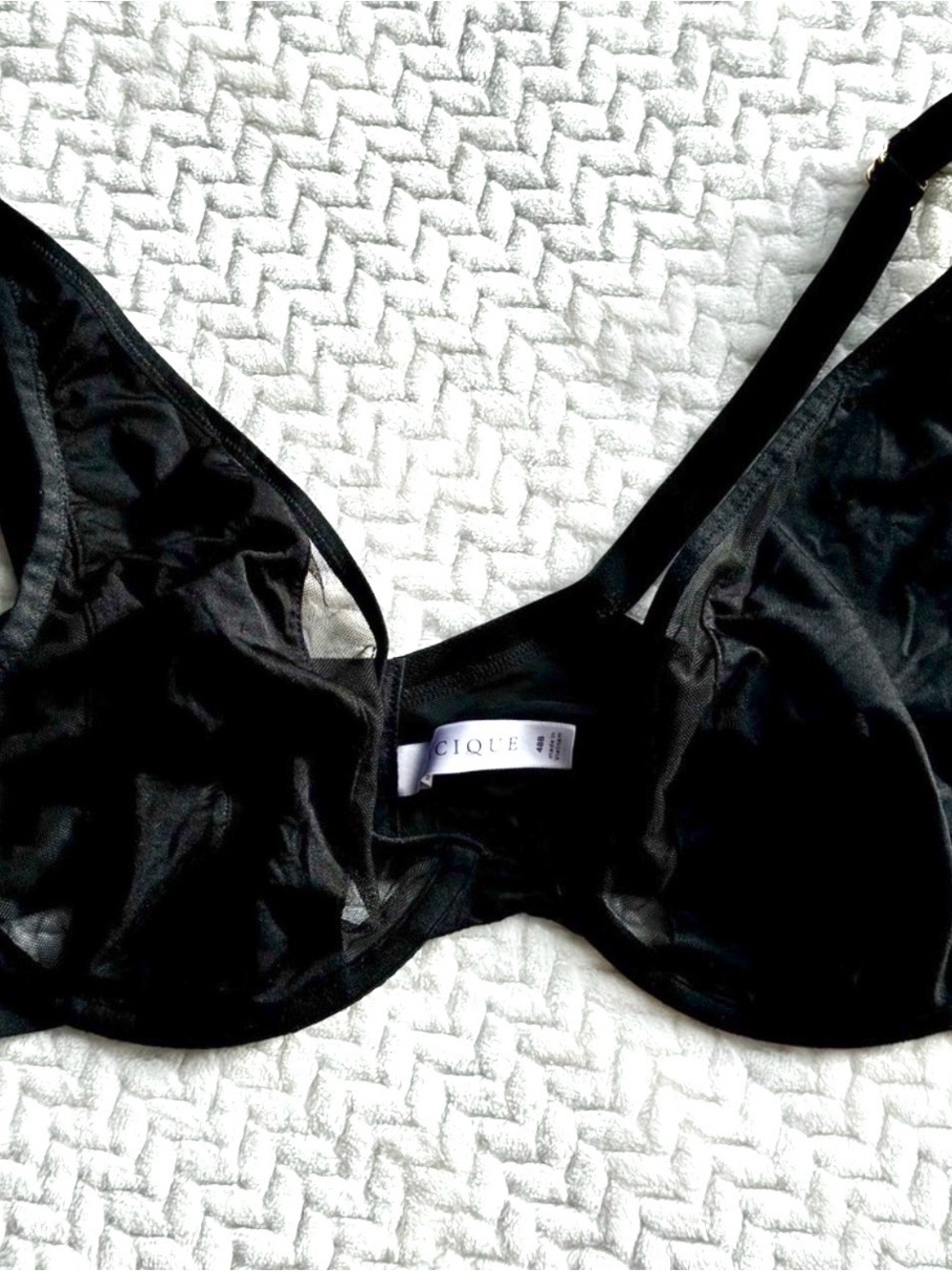 Cacique EUC Black High Apex Plunge  Sheer Underwire Bra 48B